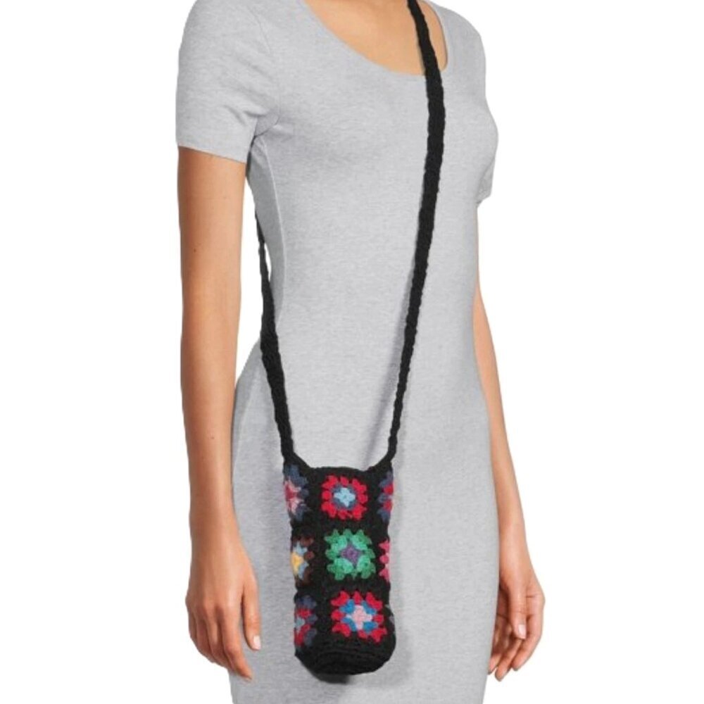 Festival Crochet Granny Square‎ Bag Water Bottle Crossbody Boho Rainbow Hippie